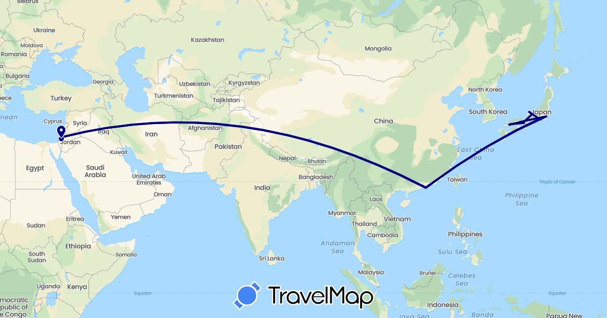 TravelMap itinerary: driving in China, Israel, Japan (Asia)